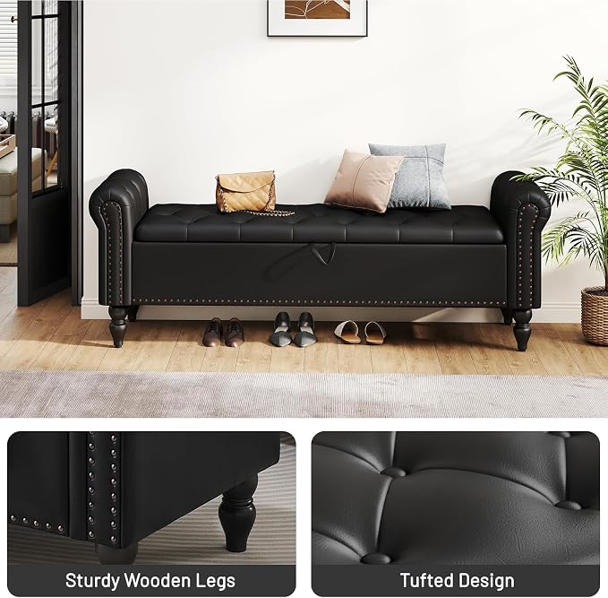 Furniliving 63” End of Bed Bench, Bedroom Bench with Button-Tufted, Upholstered King Storage Ottoman Benches Queen Entryway Bench with Storage Shoe Cabinet Bench, for Bedroom, Black