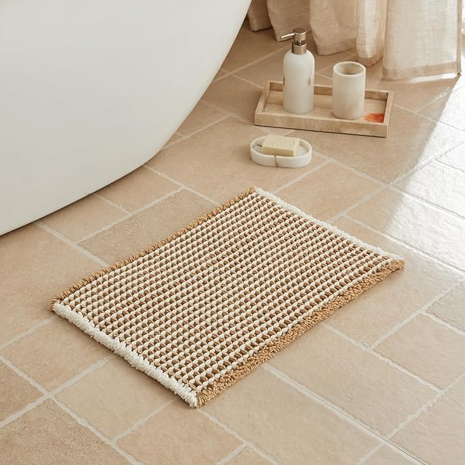 Triohero Waffle Bath Mat, Small Boho Bathroom Rugs Non Slip Washable, Ultra Soft Super Absorbent Quick Dry Farmhouse Bathroom Decor, 16" x 24", Khaki & White