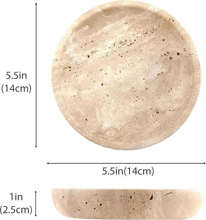 Small Natural Marble Jewelry Tray Key Plate Holder Dish Trinket Decor Catch All Bowl for Ring Earring Stone Gift for Women Daugther,Beige Travertine，5.5"
