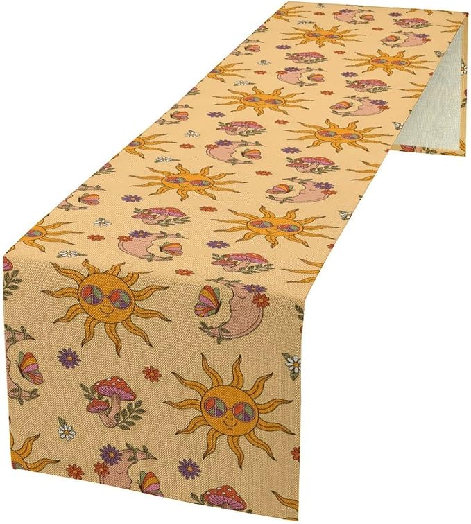 Hippie Sun Moon Table Runner, Groovy Funky 70s Mushroom Butterfly Floral Table Runner for Kitchen Dining Party Wedding Picnic Decor, 13x36 Inch