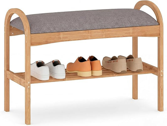 Giantex Shoe Rack Bench, Bamboo 2-Tier Entryway Bench with Padded Cushion, Shoe Storage Bench for Hallway, Closet, Foyer, Living Room, Bedroom, Mudroom