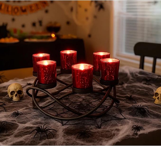 Seraphic Candle Holders for Table Centerpiece Decor, Indoor/Outdoor, Red | Gothic, Halloween & Christmas Decor, Patio Umbrella Centerpiece, Round Wrought Iron 6 Votive Holders, 10.5in Round