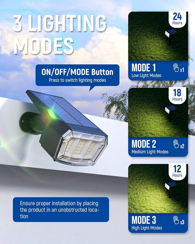 AUDERWIN Solar spotlights Outdoor 63 LED 3 Lighting Modes, IP65 Waterproof Lighten Yard Garden House Garage Pathway for Christmas Decorations-2 Pack