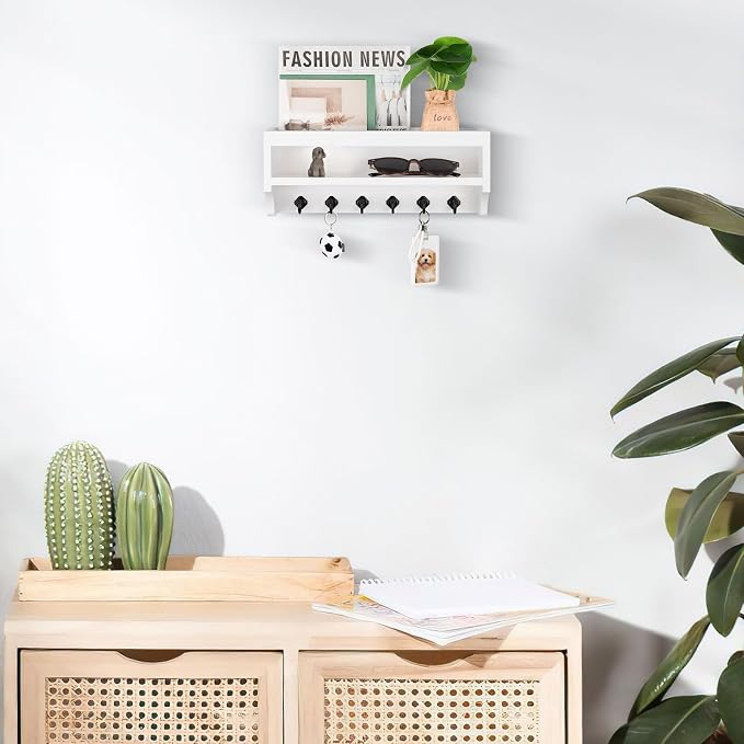 Nekon Key Holder Wall Mount, 12.8" W x 5.6" H x 3.7" D Wall Mounted Key and Mail Organizer with 6 Key Hooks, Key Racks for Home Entryway Decor (White)