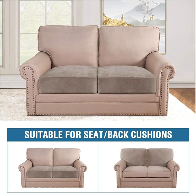 H.VERSAILTEX Velvet Stretch Couch Cushion Cover Plush Cushion Slipcover for Chair Loveseat Sofa Cushion Furniture Protector Seat Cushion Sofa Cover (2 Piece Large Sofa Cushion Covers, Taupe)