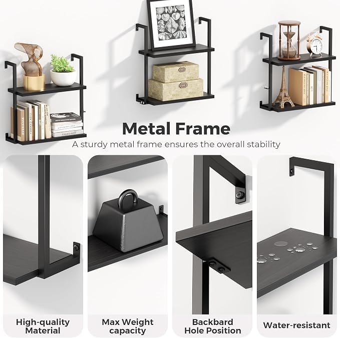 Wall Mounted Bookshelves Set of 3, Floating Shelves for Wall, 6-Tier Wooden Hanging Bookshelf, Easy Installation Book Organizer for Home Office, Living Room, and Bedroom