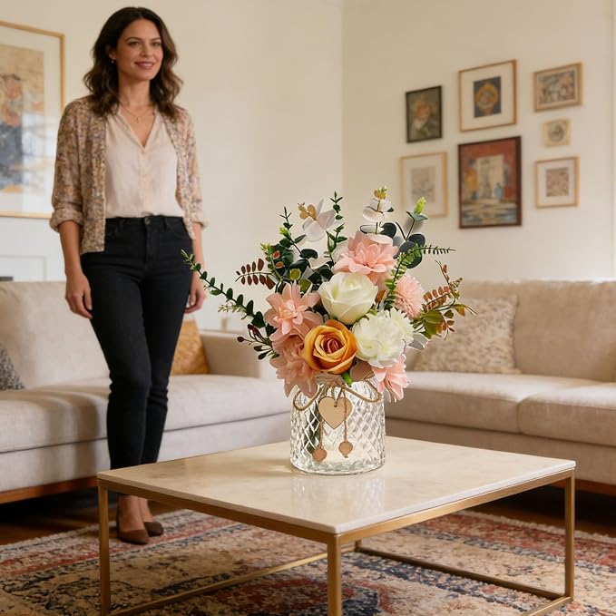 Faux Flowers in Vase, Silk Flower Arrangements Pompon Mums & Dahlia Artificial Flowers in Vase, Fake Flower Bouquet for Coffee Table Decor and Dining Table Decor