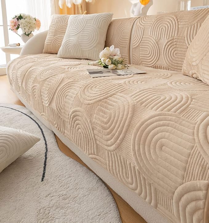 Soft Plush Geometric Quilted Couch Sofa Cover Boho Non Slip Fuzzy Sectional Couch Cover Solid Color Washable Sofa Slipcover Furniture Protector for Kids Dogs Cats (Coffee,43"x43")