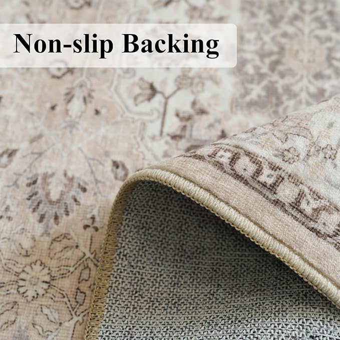 Washable 8ft Round Area Rug - Living Room Oriental Non Slip Soft Rugs Indoor Low Pile Stain Resistant Carpet for Bedroom Dining Room Farmhouse Distressed Thin Home Decor Floor Mat(8Round,Beige)