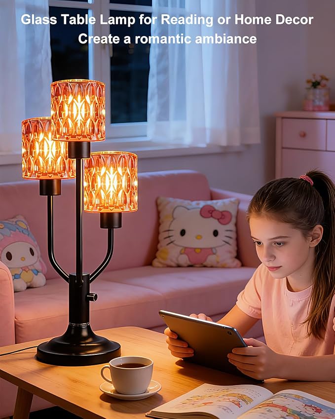 Lightdot Modern Glass Table Lamp Dimmable Mid Century Black Desk Lamp with Thickened Red Glass 3 Bulbs Included 3000K Warmwhite Nightstand Lamp for Bedroom Bedside End Table