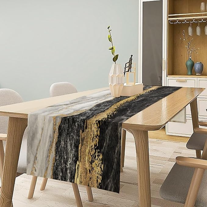 Marble Table Runner,Black Golden Marble Texture Pattern Table Runner for Coffee Table Dining Room Table Bedroom Party Holiday Decor 13x72inch
