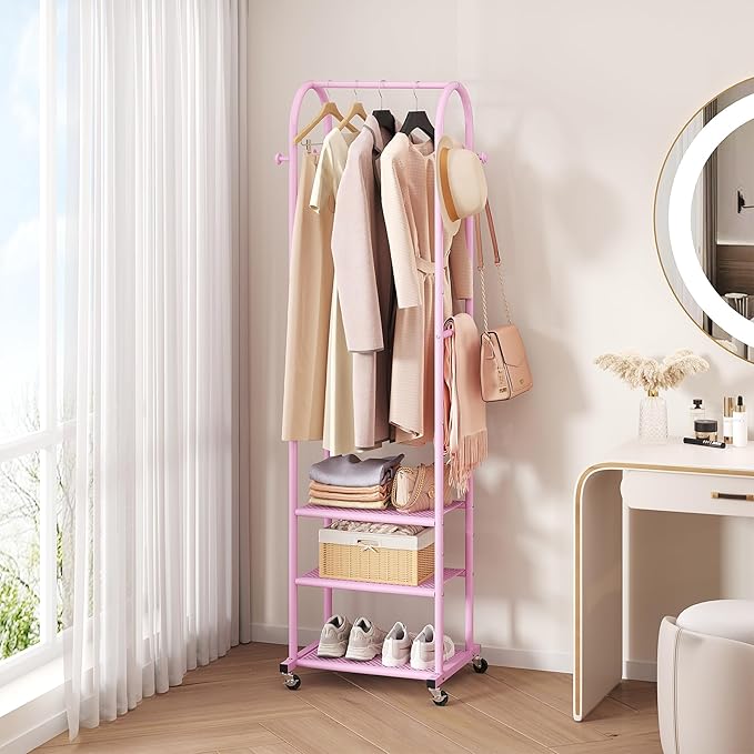 Dttwacoyh Hall Tree with Wheels and Hanging Hooks, Entryway Clothing Rack with Shoe Shelves,Pink Decorative Freestanding Metal Garment Rack Suitable for Hallway,Bedroom and Bathroom – Pink