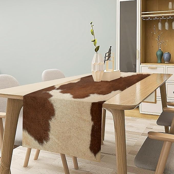 Cow Print Table Runner,Farmhouse Western White Brown Cowhide Pattern Table Runner for Coffee Table Dining Room Table Bedroom Party Holiday Decor 13x36inch