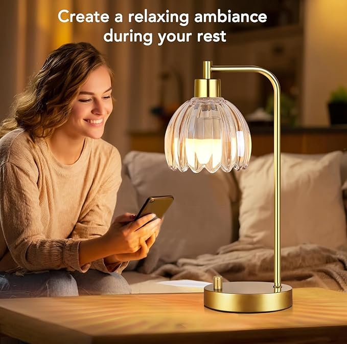 ILLMTW Glass Table Lamp Set of 2,Small Gold Bedside Lamps Dimmable Boho Bedroom Lamp with Tulip Flower Amber Lamp Shade,Vintage Mid Century Modern Mini Nightstand Lamp for Bedroom Living Room