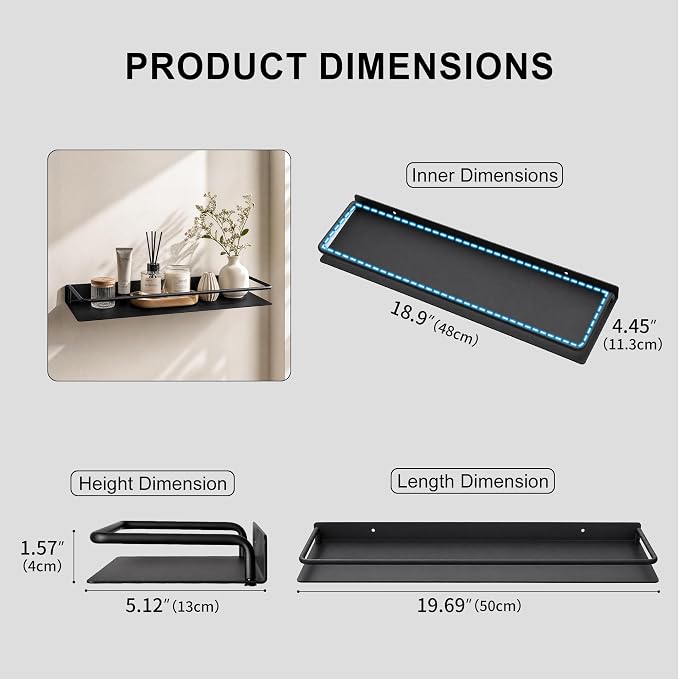 RFOUO 20 Inch Black Metal Wall Shelf with Guard Rail, Long Wall Mounted Bathroom Shelf, Aluminum Floating-Style Display Shelf for Kitchen Bedroom Decor Storage Organizer, 1 Pack