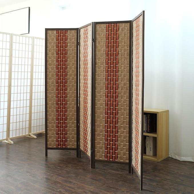 Furnnylane 4 Panel Rattan Room Divider, 5.9 ft Tall Double-Sided Blackout Folding Privacy Screen for Room Separation, with Beige and Orange Panels for Home & Office (70.9" H x 70.9" W)