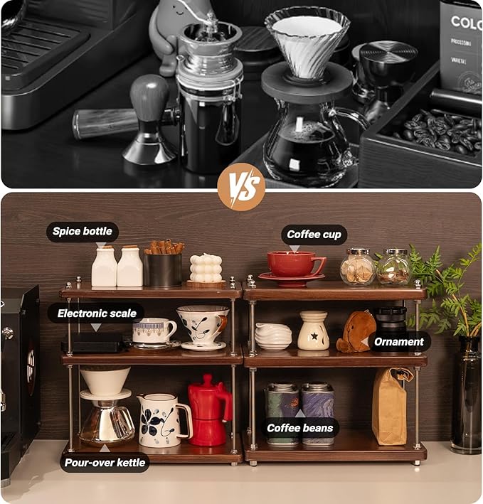 Ultra-Thick 24mm Solid Wood Coffee Station Organizer&Spice Rack for Kitchen Countertop, Corner Industrial 3-Tier Adjustable Shelf with 10mm 304 Thread Rods for Espresso Gear, Walnut Finish