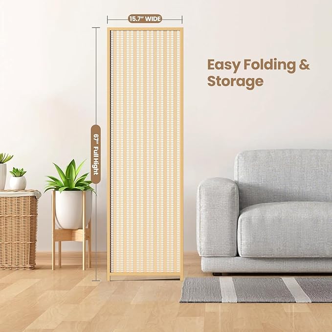 5 Panel Room Divider and Extra Wide Folding Privacy Screen, 79" W x 67" H, Bamboo Room Divider for Room Separation.
