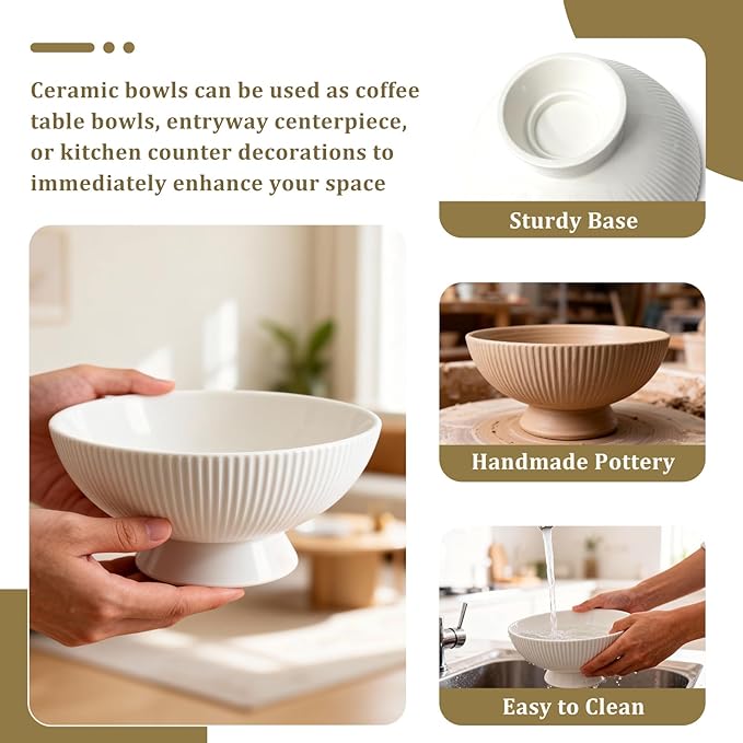 Gutedeal Small Decorative Bowl 8 Inch Multi-Use White Ceramic Fruit & Key Bowl for Kitchen, Entryway, Centerpiece Modern Handcrafted Home Decor Pedestal Bowl & Wedding Gift