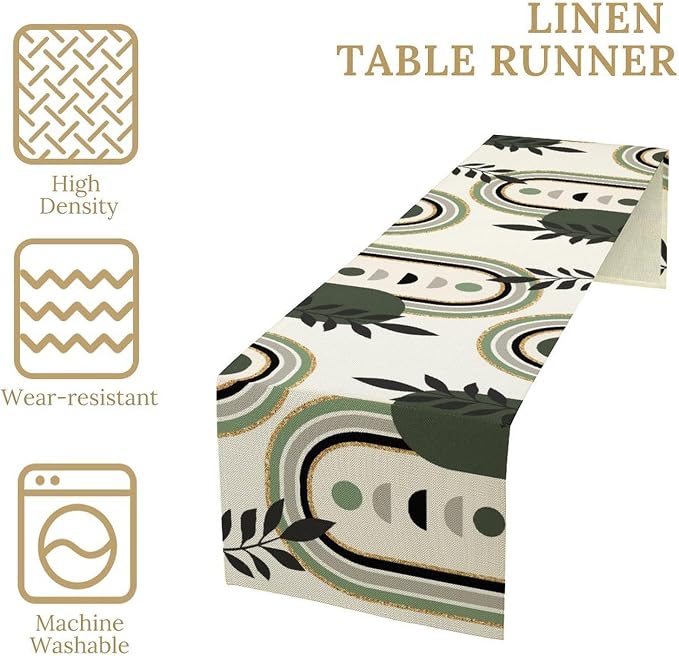 YCness Mid Century Boho Table Runner, Green Abstract Modern Sun Moon Minimalist Plants Table Runner for Bedroom Living Room Kitchen Laundry Room 13x70 Inch