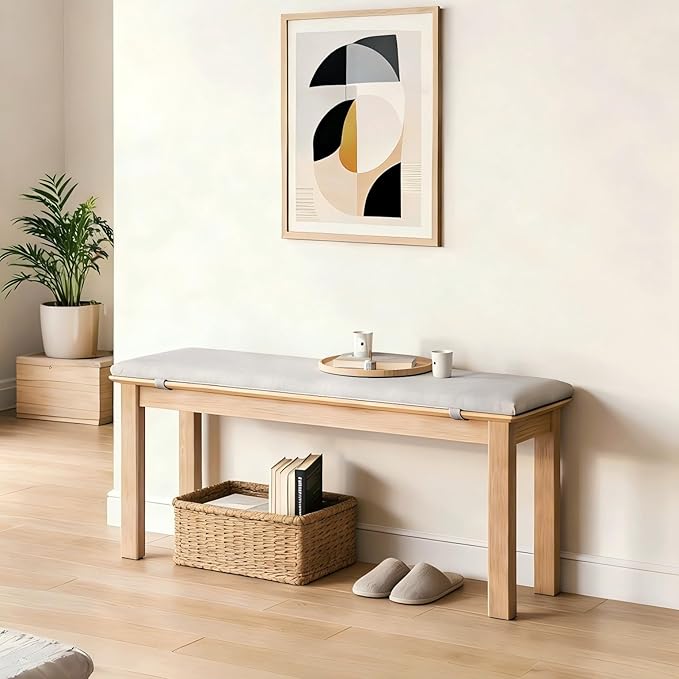 CycleCrew 47.2" Solid Wood Dining Bench with Removable Cushion - Mid-Century Modern Entryway Bench, Extra Height Upholstered Bench for Dining Table, End of Bed, Living Room