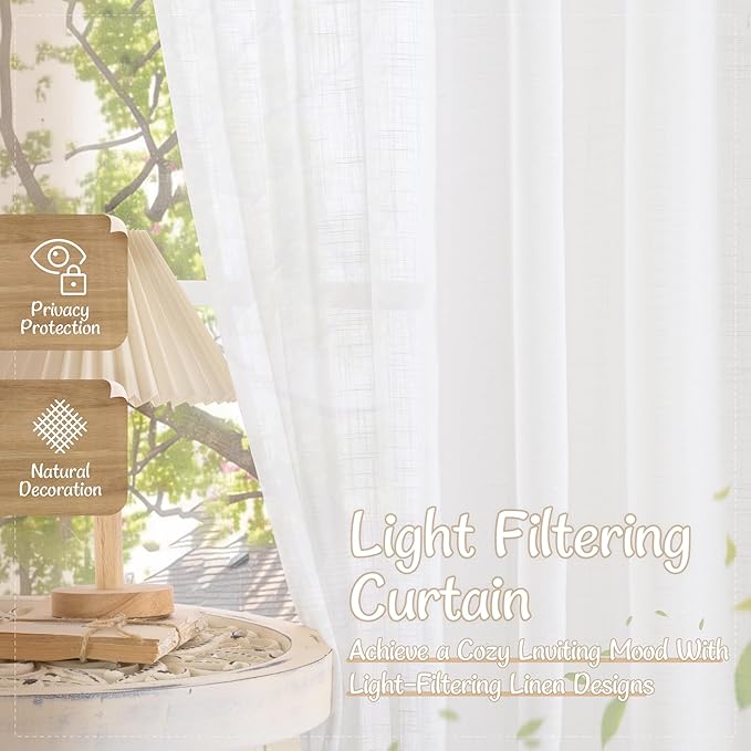 LAMIT White Semi Sheer Linen Curtains for Bedroom 2 Panels Set, 54 Inch Light Filtering Neutral Drapes Back Tab and Rod Pocket Panels for Kitchen/Small Windows/Living Room, 34 x 54 Inch