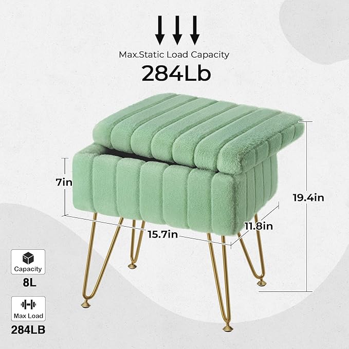 Greenstell Vanity Stool Chair Faux Fur with Storage, 15.7"L x 11.8"W x 19.4"H Soft Ottoman 4 Metal Legs with Anti-Slip Feet, Furry Padded Seat, Modern Multifunctional Chairs for Makeup, Bedroom,Green