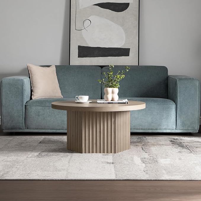 SICOTAS Round Coffee Table for Living Room, Modern Fluted Circle Center Coffee Table with Storage, 32" Accent Tea Dining Table for Apartment, Grey Alder