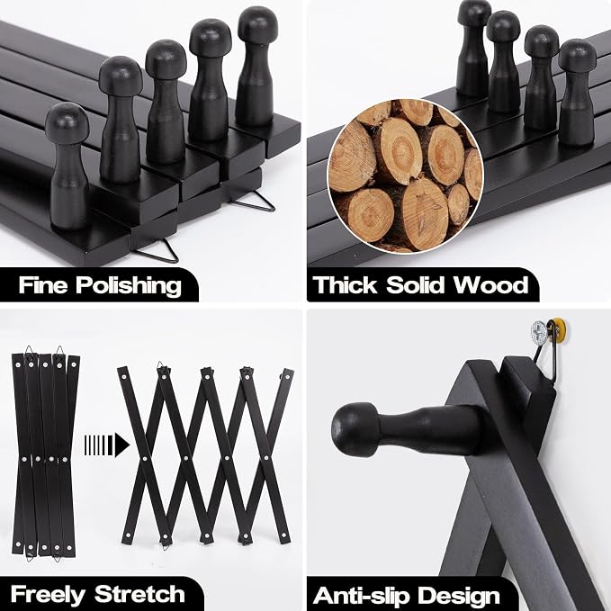 SCUNDA Wall Rack with 14 Hooks, Wooden Wall Expandable Coat Rack for Coat, Hats, Baseball Caps, Coffee Mug, Jewelry(Black)