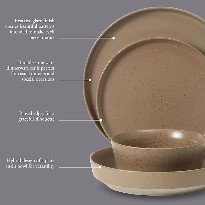 Gibson Elite Overbrook 16-Piece Pottery Clay Stoneware Dinnerware Set – Terraccotta Brown Reactive Glaze, Stackable Plates and Bowls w/Pasta Bowl, Service for 4 – Microwave & Dishwasher Safe