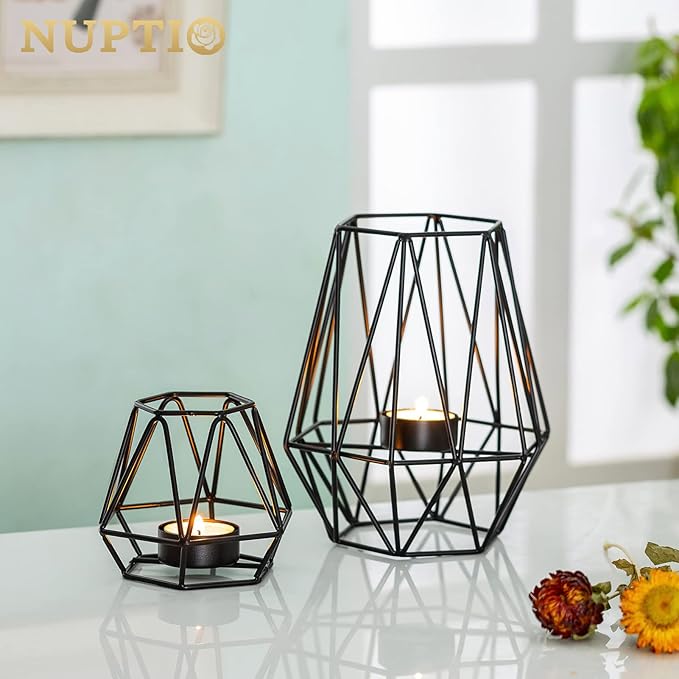 Nuptio 2 Pcs Tealight Holders - Tea Light Candle Holders Geometric Candle Holder for Dining Table Decorations Centrepiece, Black Fireplace Ornaments for Living Room, Wedding Housewarming Gifts