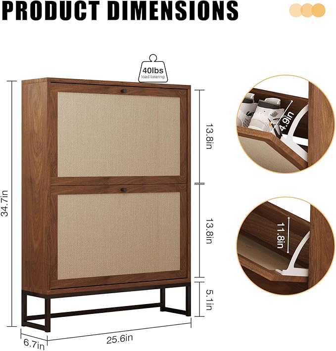 Flip Drawer Shoe Storage Cabinet for Entryway, 25.6" W Freestanding Shoe Rack Organizer with Metal Base, Hidden Narrow Shoe Cabinet for Small Space (Walnut, 2-Drawer-No Divider)
