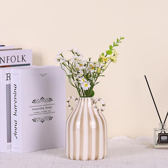 White and Brown Ceramic Vase with Handle, Nordic Boho Small Vases Side Table Flower Centerpiece, Wide Mouth Single Flower Vase Pampas Grass Decorative - for Home Window Sill Living Dining Room Kitchen