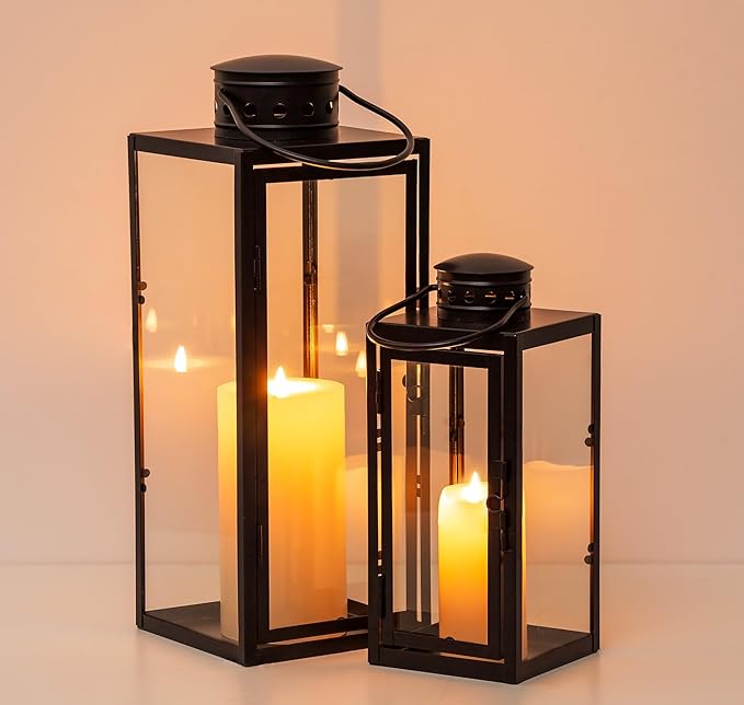 NUPTIO Lanterns Decorative Indoor Black: 9.5 & 13.8 inch Tall Wedding Hurricane Lantern with Glass Panel Set of 2 Modern Iron Candle Holders for Christmas Thanksgiving Front Porch Fireplace Decor