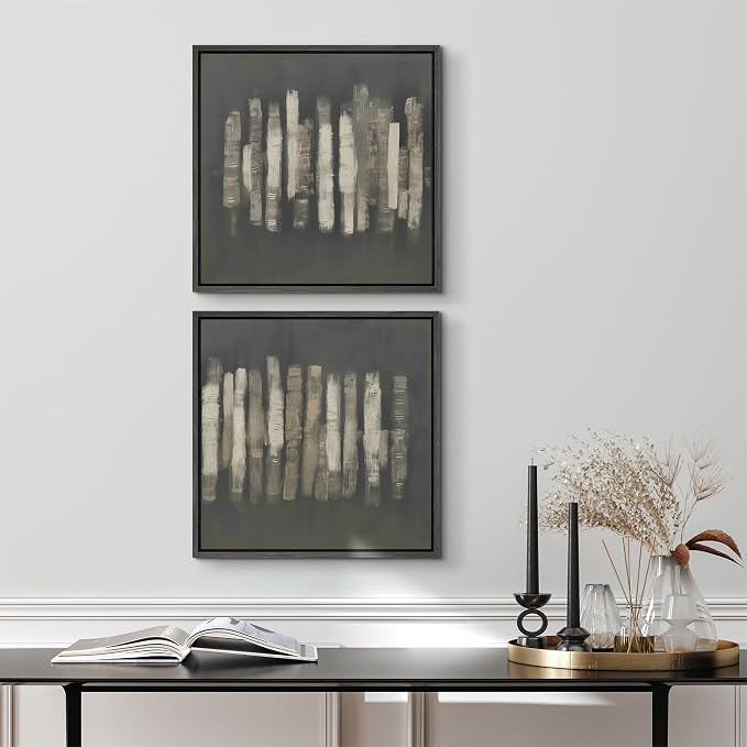 SIGNFORD Framed Canvas Print Wall Art Set Modern Vertical Brushstroke Abstract Dark Gray & Beige Illustrations Modern Art Minimal Relax/Calm for Living Room, Bedroom, Office - 24"x24"x2 BLACK