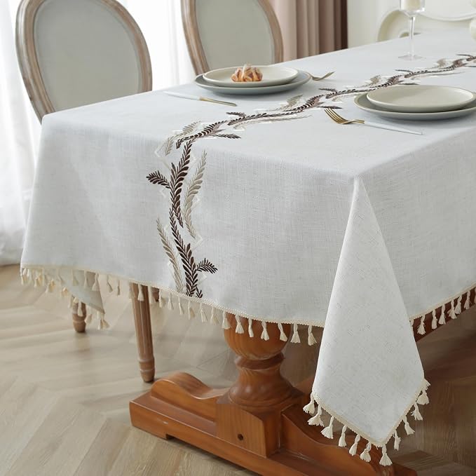Alsoo Embroidered Tablecloth Square 55 x 55 Inch, Washable Waterproof Wrinkle Free Table Cloth Cotton Linen Fabric with Tassel for Kicthen Dining Outdoor Picnic