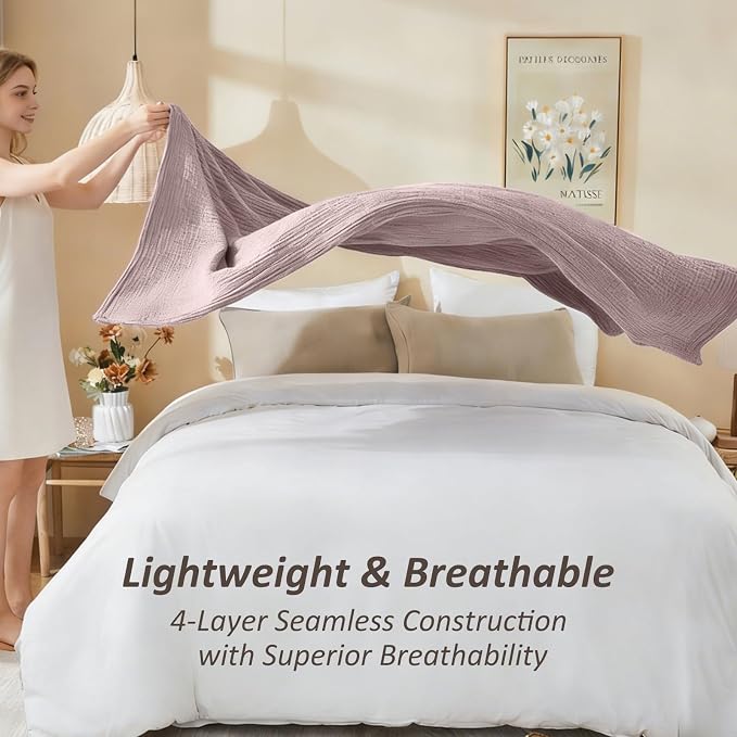 EMME Cotton Muslin Large Throw Blanket Couch Breathable Gauze Soft Lightweight Bed Blankets Adults (Heather Dusty Pink, 50"x70")