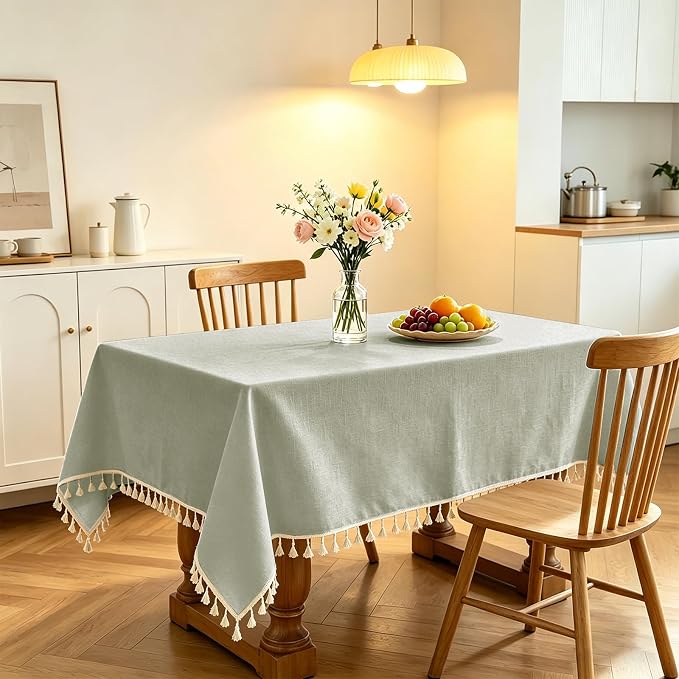 Alsoo Textured Tablecloths for Square Tables Heavy Duty Linen Style Spring Table Cloth Spill Proof Wrinkle Free Table Cover with Tassel for Kitchen Dining Holiday, Sage Green, 55" x 55"