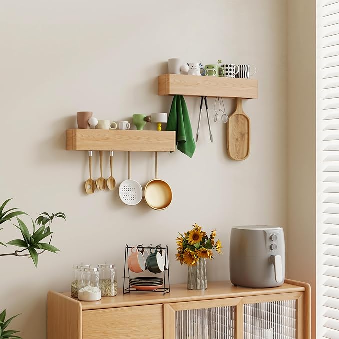 CycleCrew Solid Wood Wall Mounted Coat Rack with Shelf Hooks - Modern Floating Shelves with 5 Hidden Hooks, Heavy Duty Entryway Coat Key Holder Hanger for Hallway Bathroom Bedroom Home Decor
