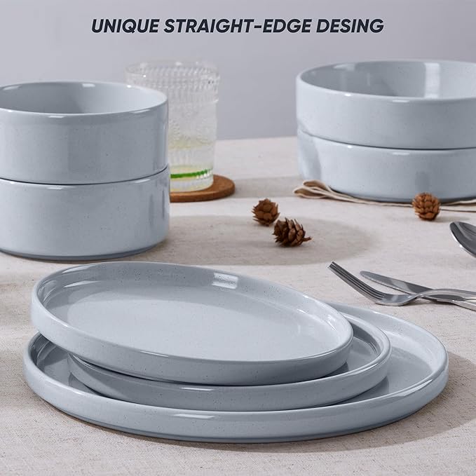 E-far Dinnerware Sets with Pasta Bowls, 24-Piece Stoneware Plates and Bowls Sets for 6 | Microwave & Dishwasher Safe Kitchen Modern Dish Set, Speckled Gray