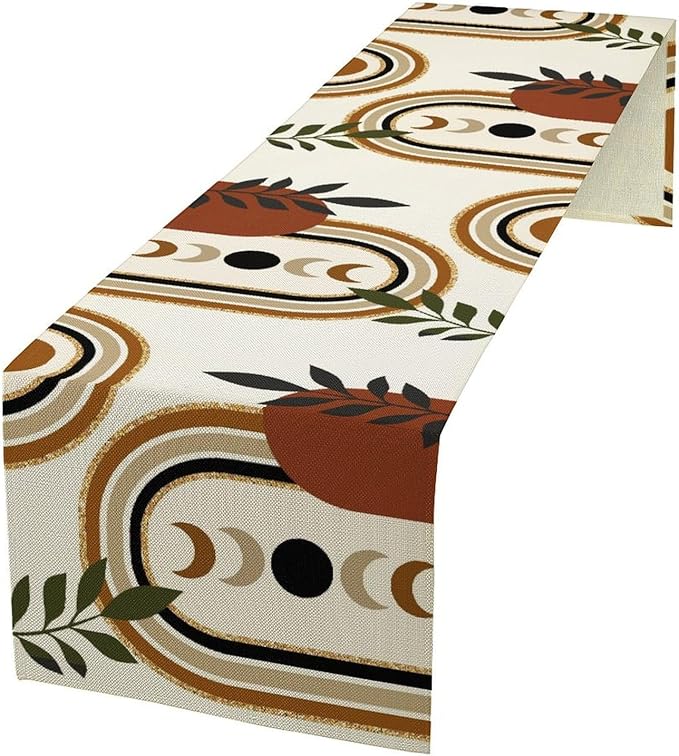 YCness Boho Mid Century Table Runner for Laundry Room Party Kitchen Dining Modern Sun Moon Phase Abstract Minimalist Aesthetic Leaves Arch Geometric Brown Black Orange, 13x120 Inch
