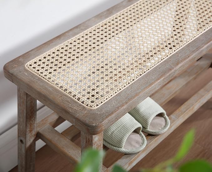 Shunzhi Rattan Entryway Bench with Shoe Rack Natural Wood Storage Bench Indoor Wicker 30 Inches Small Bench Farmhouse Cane Vintage Rustic Accent Bench for Living Room/Bedroom/Hallway/Porch