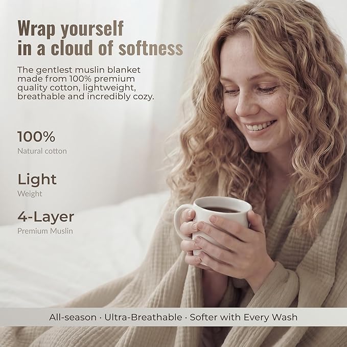 4-Layer Muslin Cotton King Bed Blanket (108 x 90 inches) – Ultra Soft, Breathable & Lightweight All-Season Gauze Blanket, Cozy Comfort, Machine Washable – Tan