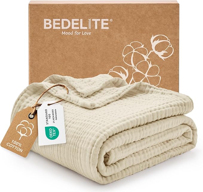 BEDELITE 100% Cotton Muslin Blankets for Adults - 4-Layer Large Throw Breathable and Lightweight Gauze Blanket for Couch, Bed, Travel and Summer, Soft & Cozy Gift for Women, Beige, 50"x70"