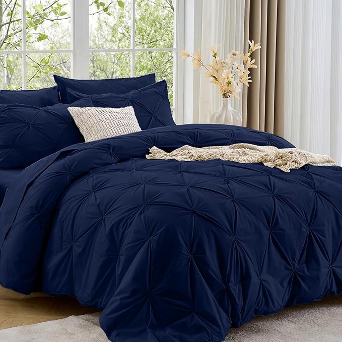 Sasttie King Size Comforter Set, 7-Piece Bed in a Bag, Pintuck Bedding Sets for All Season, Includes Comforter, Flat Sheet, Fitted Sheet, Pillowcases and Pillowshams, Navy