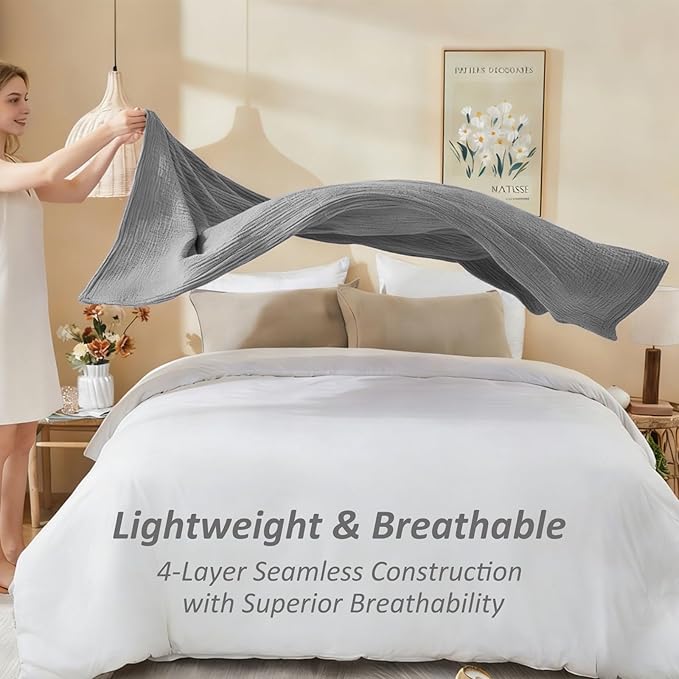 EMME Cotton Muslin Queen Blanket Bed Layering Bedspread Coverlet Breathable Gauze Soft Lightweight Blankets (Heather Grey, 90"x90")