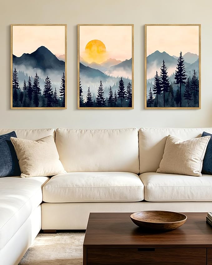 PHOPAGO Blue Fog Pine Tree Mountain Landscape Framed Wall Art Large 16x24in Retro Watercolor Nature Misty Forest Artwork Paints Sun Rise Rustic Farmhouse Home Decor - Natural Framed