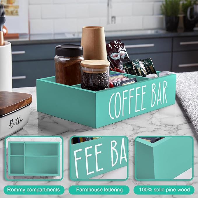 ALELION Turquoise Coffee Station Organizer with Removable Dividers - K Cup Pod Holder Storage Basket for Sugar, Tea - Teal Coffee Bar Kitchen Decor Accessories Organizer for Countertop
