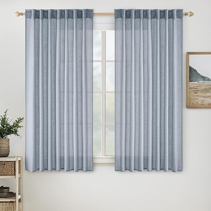 MIULEE Chambray Blue Linen Curtains 63 Inch Length 2 Panels for Bedroom Living Room, Soft Linen Textured Window Drapes Semi Sheer Light Filtering Back Tab Rod Pocket Farmhouse Modern Burlap Look Decor