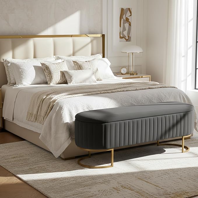 50.5” Velvet Storage Ottoman Bench with Gold-Toned Legs, Luxury Upholstered End of Bed Multi-Functional Footrest & Seat for Bedroom & Entryway